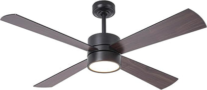 52-Inch DC Motor Ceiling Fan with LED Light, 4 Reversible Blades, Remote & APP Control, Black & Walnut Finish, Dimmable 3-Color Lighting, Energy Efficient Indoor Ceiling Fan with Timer & Memory