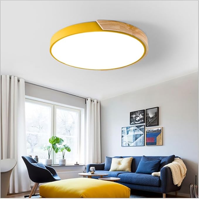 LED Ceiling Light Fixture,12 Inch Wood Recessed Ceiling Lights,Modern 3000K-6000K Ceiling Lamp Dimmable Light,24W Yellow Close to Ceiling Lighting Flush Mount Living Room Bedroom
