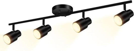 BoostArea LED 4 Light Track Lighting Kit,4 Way Industrial Ceiling Spot Lighting, Flexibly Rotatable Light Head for Kitchen, Living Room, Bedroom, Black,GU10 Bulb Not Included