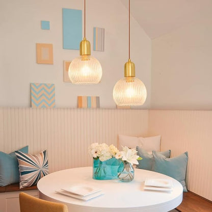 Modern Gold Pendant Lights Kitchen Island Lighting, Clear Glass Globe Pendant Light for Kitchen Adjustable 11.8-59" Brass Dining Room Hanging Light Fixture Vintage Ribbed Ceiling Pendant Light
