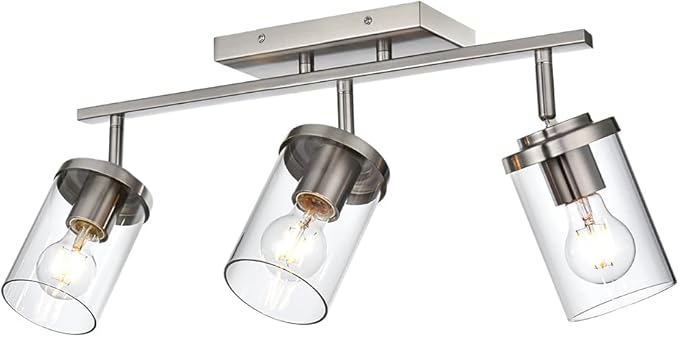 BONLICHT Modern Semi-Flush Mount Ceiling Light 3-Light Adjustable Ceiling Spotlight Brushed Nickel Kitchen Track Lighting Fixtures Industrial Wall Vanity Light Fixture with Clear Glass Shade