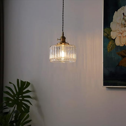 Glass Hanging Lights One-Light Vintage Pendant Light Fixtures Clear Striped Glass Shade Mid Century Modern Pendant Light Gold Brass Light Fixture Adjustable Cord for Dining Room Hallway