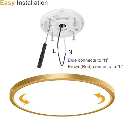 2 Pack 12Inch Gold LED Ceiling Light Fixture Flush Mount, 24W(240W Equivalent), 3200LM, 5000K Daylight White, IP40, Flat Modern Round Ceiling Light for Bedrooms, Living Rooms, Bathrooms, Kitchens, etc
