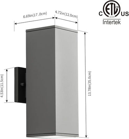 mirrea 14" Modern Outdoor Porch Light Patio Light in 2 Lights with Aluminum Rectangular Tube and Tempered Glass Cover Waterproof Wall Sconce 2 Pack (Matte Gray)