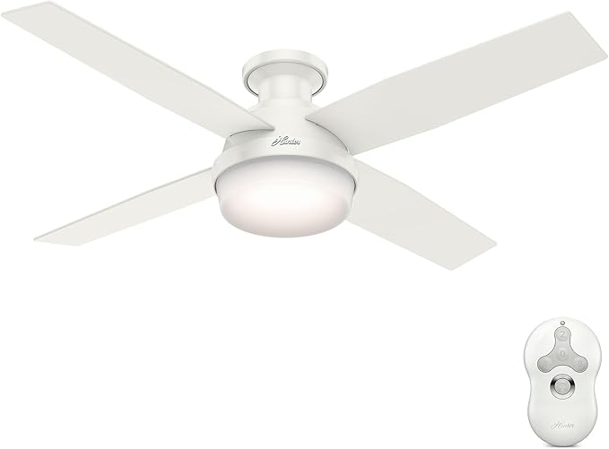 Hunter 52 inch Indoor Ceiling Fan with LED Light and Remote Control - White Modern Ceiling Fan, Low Profile Mount, 4 Blades, For Bedroom, Living Room, or Kitchen, Quiet - Dempsey 59242, Fresh White