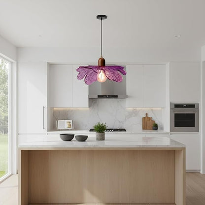 Floral Purple Glass Pendant Light, Mid-Century Modern Wood & Glass Hanging Lamp, Adjustable 59" Cord Flower Ceiling Light Fixture for Bedroom Dining Room Kitchen Island