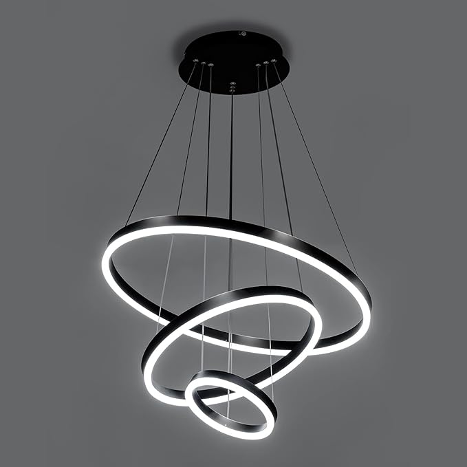 Modern LED Pendant Light, Black Circular Chandelier Fixture, Adjustable Height Circular Entrance Pendant Light, Suitable for Restaurants, Kitchens, Islands, Living Rooms, Cafes, Etc. (4000K)