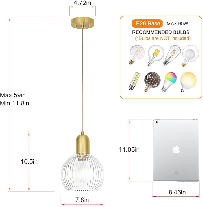 Modern Gold Pendant Lights Kitchen Island Lighting, Clear Glass Globe Pendant Light for Kitchen Adjustable 11.8-59" Brass Dining Room Hanging Light Fixture Vintage Ribbed Ceiling Pendant Light