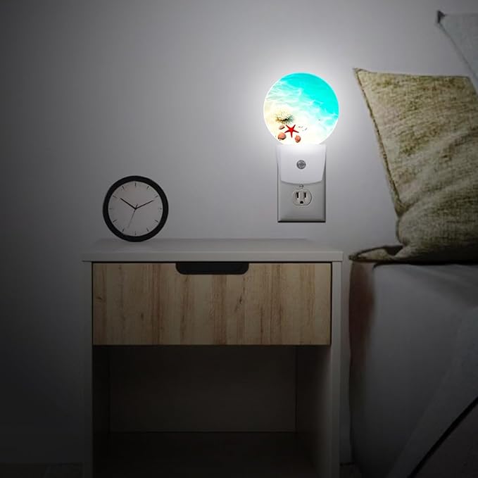 Beach Seashell Starfish Plug in Night Light Auto Light Round Lamps Energy Saving Gift for Women Men Friends