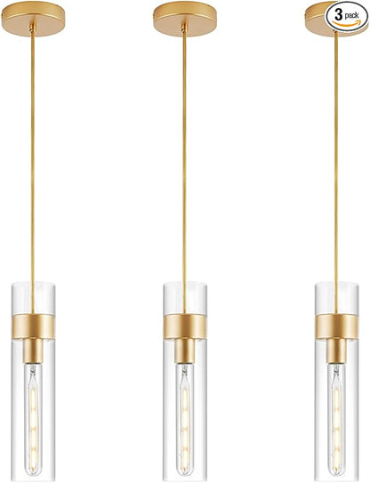 3 Pack Gold Pendant Lights Kitchen Island (Bulbs Included), Adjustable Modern Glass Pendant Light Over Island, Industrial Pendant Light Fixtures for Dining Room Hallway Bedroom Living Room