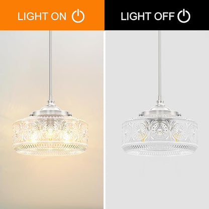 Vintage 3 Lights Drum Pendant Lights Kitchen Island with Etched Glass Shade, Adjustable Height Brushed Nickel Pendant Light for Kitchen Island, Dining Room,Bedroom,Hallway, E12 Base,Bulbs Not Included