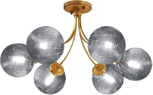 Gold Flush Mount Light 6-Light Glass Chandelier with Smoky Gray Globe Shade Mid Century Farmhouse Antique Gold Close to Ceiling Light for Entryway Hallway Foyer