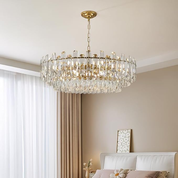 31.5" Gold Crystal Chandeliers Fully Transparent Crystal Modern3-Tier Luxury Pendant Light 12-Light Ceiling Pendant Lighting for Dinning Room Living Room Foyer