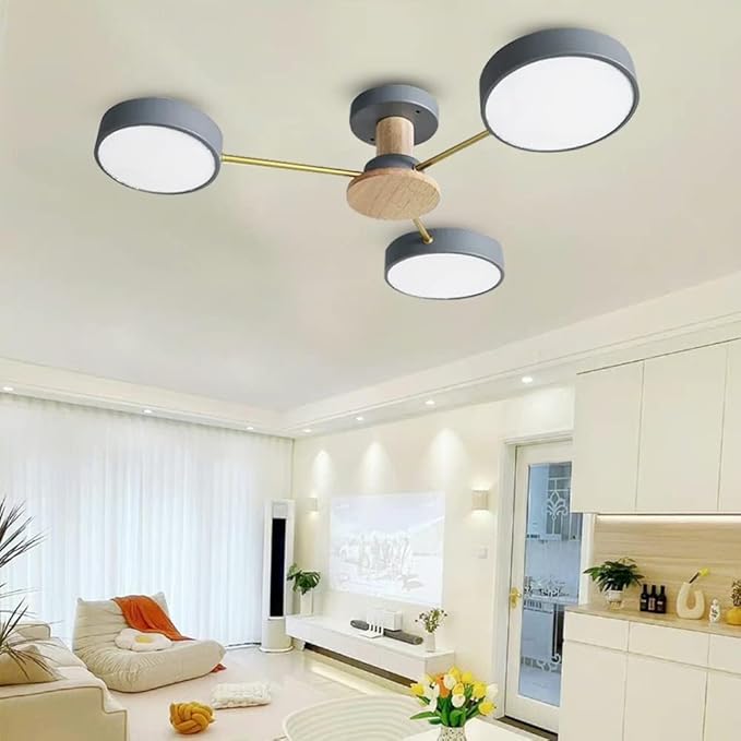 3-Lights LED Ceiling Light Fixture,26 Inch Modern Ceiling Lights Flush Mount Wooden 24W Dimmable Chandelier for Living Room Bedroom Kitchen,3000K/4000K/6000K Grey