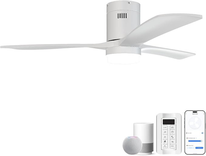 CACI Mall 52” Smart Low Profile Ceiling Fans with Lights Remote, White, 3 Wood Blades, Modern, Compatible with Alexa/Google/App, for Bedroom/Farmhouse/Patio