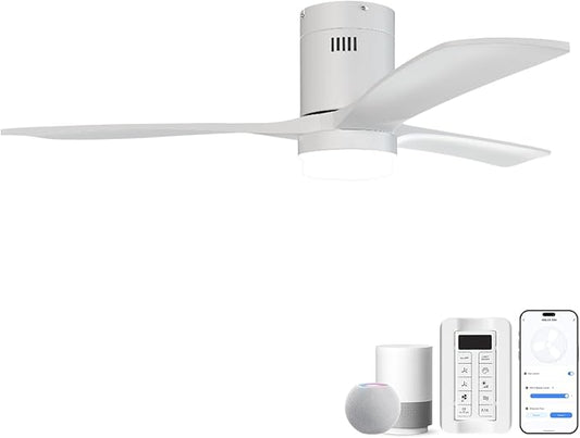 CACI Mall 52” Smart Low Profile Ceiling Fans with Lights Remote, White, 3 Wood Blades, Modern, Compatible with Alexa/Google/App, for Bedroom/Farmhouse/Patio