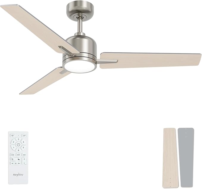 52 inch Ceiling Fans with Lights and Remote, Brushed Nickel Ceiling Fan, 6 Speed Reversible, 3CCT, Dimmable, Noiseless, 3 Blades, Quiet DC Motor, Silver Ceiling Fan for Bedroom, Indoor and Outdoor