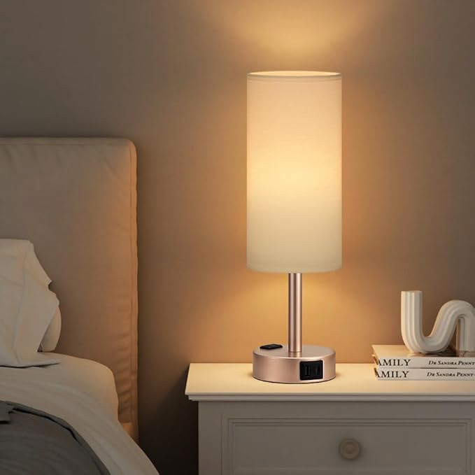 Antique White Bedside Table Lamp for Bedroom - 3 Way Dimmable Touch Lamp USB C Charging Ports and AC Outlet, Small Lamp Gold Base Round Flaxen Fabric Shade for Living Room, Desk, LED Bulb Included