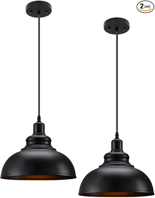 Asnxcju Matte Black Pendant Light, Industrial Farmhouse Pendant Light Vintage Hanging Ceiling Lamp Fixtures for Kitchen Island, Barn, Dining Room 2 Pack