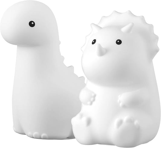 GLOBE Electric 13360 6" Triceratops and 9" Brontosaurus Giggling Dinosaur Duo Multicolor Changing Integrated LED Rechargeable Silicone Night Light, White, Table Lamps for Living Room, Bedroom, Den