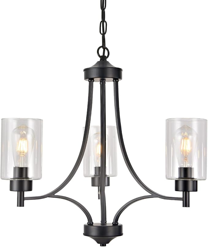 BOZO 3 Lights Black Chandelier for Dining Room Light Fixture Over Table, Entryway Chandelier for Foyer, Hallway Lighting Fixtures with Glass Shade for Kitchen Island