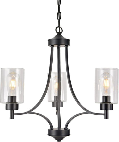 BOZO 3 Lights Black Chandelier for Dining Room Light Fixture Over Table, Entryway Chandelier for Foyer, Hallway Lighting Fixtures with Glass Shade for Kitchen Island