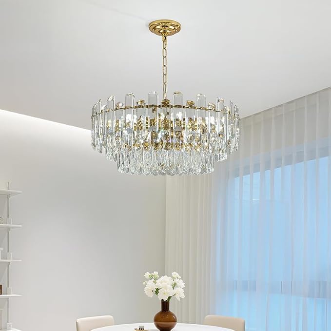 23.6" Gold Crystal Chandeliers Fully Transparent Crystal Modern3-Tier Luxury Pendant Light 12-Light Ceiling Pendant Lighting for Dinning Room Living Room Foyer