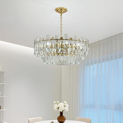 23.6" Gold Crystal Chandeliers Fully Transparent Crystal Modern3-Tier Luxury Pendant Light 12-Light Ceiling Pendant Lighting for Dinning Room Living Room Foyer