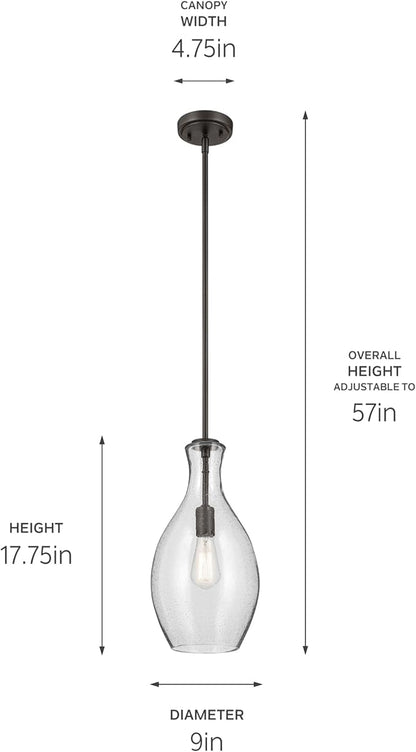 Kichler Everly 1-Light Bell Pendant Light Fixture with Clear Seeded Glass in Olde Bronze for Kitchen Island, Dining Room, or Home Bar (17.75" x 8.75"), 42047OZCS
