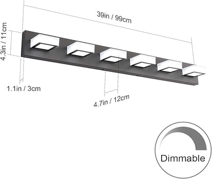 Ralbay 6 Lights LED Modern Dimmable Matte Black Vanity Light Acrylic Modern Vanity Wall Light Over Mirror Dimmable Bathroom Vanity Lighting Fixtures 6000K Cool White Light