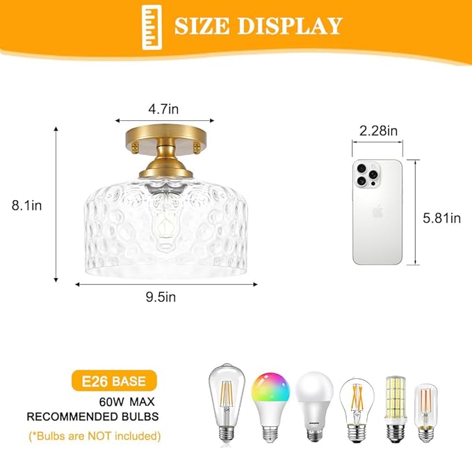 Daunton Small Semi Flush Mount Ceiling Light Fixture, Vintage Gold Close to Ceiling Lighting with Hammered Glass Shade for Hallway, Kitchen, Entryway (Retro Design, Easy Install)