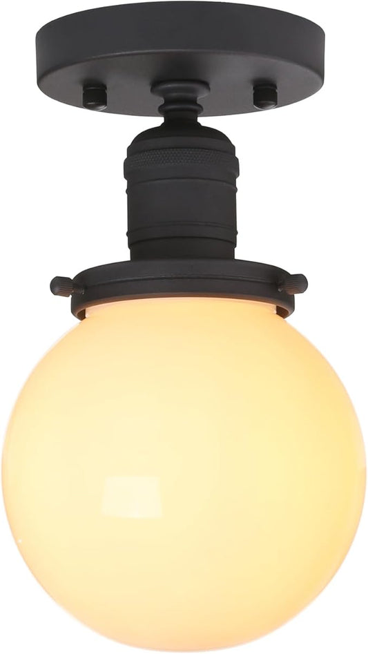Yosoan 1-Light Modern Hallway Ceiling Light Fixture with Milk Round Glass, Indoor Hardwired Vintage Indoor Flush Mount Lighting with Matte Globe Shade Lights for Kitchen Bathroom Porch Entryway(Black)