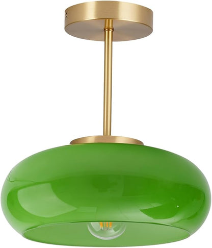 Green Glass Ceiling Light - Mid Century Modern Semi Flush Mount with Green Dome Glass Shade and Gold Brass Finish - Vintage Hallway Light Fixture Hallway Dining Room Kitchen Sink