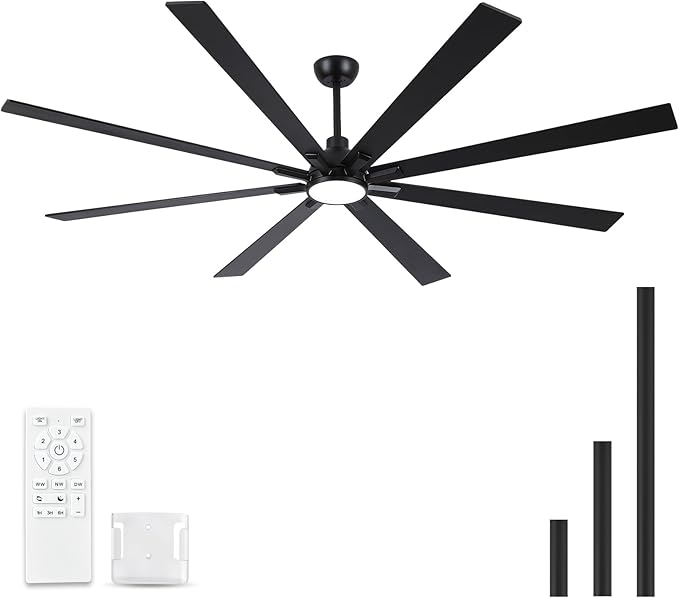 84 Inch Ceiling Fans with Lights and Remote, Black Large Ceiling Fan for Bedroom Living Room Indoor/Outdoor, 6 Speed Reversible DC Motor, 3CCT, Downrod, Dual Color 8 Blades, ETL Listed