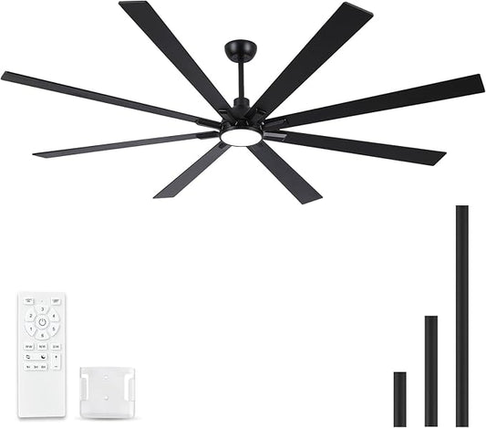 84 Inch Ceiling Fans with Lights and Remote, Black Large Ceiling Fan for Bedroom Living Room Indoor/Outdoor, 6 Speed Reversible DC Motor, 3CCT, Downrod, Dual Color 8 Blades, ETL Listed