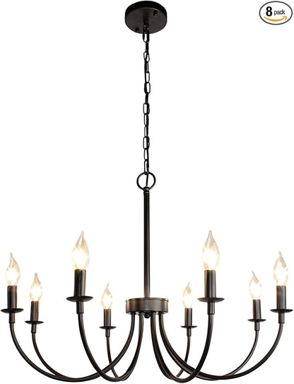 Black Farmhouse Chandeliers, 8 Light Rustic Iron Chandeliers, Classic Candle Ceiling Hanging Pendant Light Fixture for Living Room, Kitchen Island, Foyer, Dining Room Lighting Fixtures