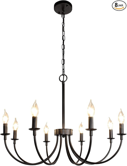 Black Farmhouse Chandeliers, 8 Light Rustic Iron Chandeliers, Classic Candle Ceiling Hanging Pendant Light Fixture for Living Room, Kitchen Island, Foyer, Dining Room Lighting Fixtures