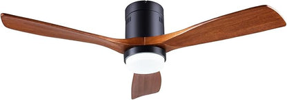 48" Recessed Ceiling Fan with Lights and Remote Control, Indoor Outdoor Wooden Ceiling Fan with 3 Wooden Blades for Patio, Living Room, Bedroom, Hallway