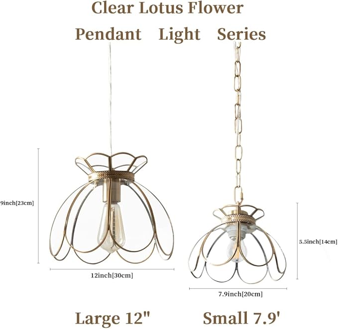 Brass Glass Ceiling Pendant Light, Hanging Chain lamp, with Vintage Lotus Flower Clear Glass Shade for Kitchen Island Dining Room Bedroom Living Room-7.9" Shade