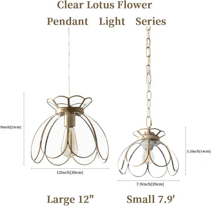 Brass Glass Ceiling Pendant Light, Hanging Chain lamp, with Vintage Lotus Flower Clear Glass Shade for Kitchen Island Dining Room Bedroom Living Room-7.9" Shade