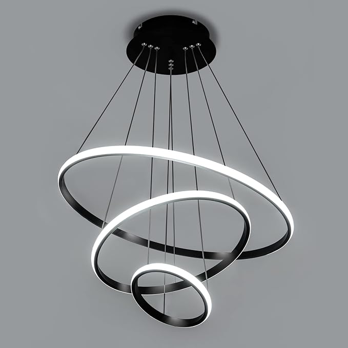 Modern LED Pendant Light, Adjustable Height Circular Entrance Black 3 Ring Circular Chandelier Fixture, Suitable for Restaurants, Kitchens, Islands, Living Rooms, Cafes, Etc. (4000K)