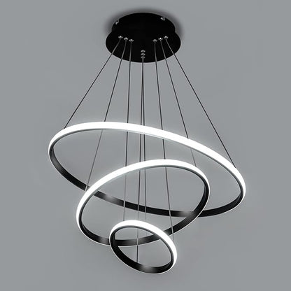 Modern LED Pendant Light, Adjustable Height Circular Entrance Black 3 Ring Circular Chandelier Fixture, Suitable for Restaurants, Kitchens, Islands, Living Rooms, Cafes, Etc. (4000K)