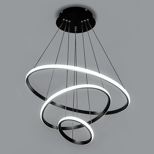 Modern LED Pendant Light, Adjustable Height Circular Entrance Black 3 Ring Circular Chandelier Fixture, Suitable for Restaurants, Kitchens, Islands, Living Rooms, Cafes, Etc. (4000K)