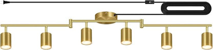 Plug in Track Lighting, LED Track Lighting Fixtures Ceiling, Gold 6-Light Kitchen Light Kit, Plug in Wall Light with 14.8ft Power Cord, Rotatable Ceiling Spotlight for Bedroom(GU10 Socket, NO Bulb)