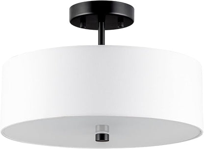 3-Light Semi Flush Mount Ceiling Light Fixture, 13" Black Drum Light, Modern Close to Ceiling Light with White Fabric Shade Lamps for Bedroom Living Dining Room Kitchen Hallway Entryway