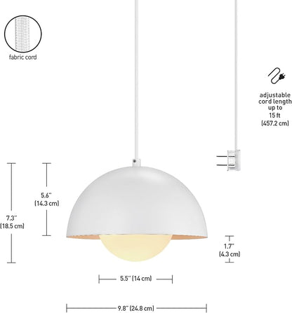 Globe Electric Amelia 1-Light Plug-in Pendant Lighting, Matte White, White Glass Shade, Bulb Not Included