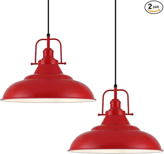 Red Pendant Light Kitchen Island,16 Inch Large Industrial Pendant Lights, Matte Red Pendant Lights, Vintage Farmhouse Pendant Light for Kitchen Island, Dining Room, Hallway (2 Pack)