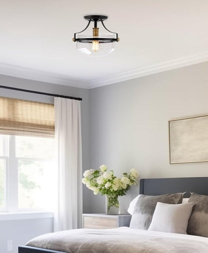 Kira Home Zurich 12" Modern Industrial Semi-Flush Mount Ceiling Light, Two-Tone Fixture with Clear Glass Schoolhouse Bowl Shade, Warm Brass and Black Finish