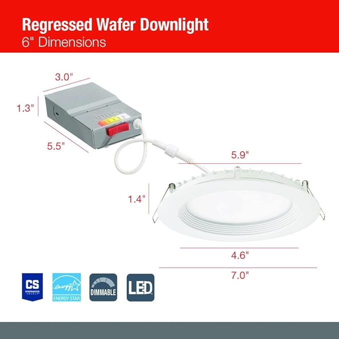 Juno LED Recessed Lights 6 Inch Round Wafer Downlight, 5-in-1 Switchable White Color Temperature, 120 Volts, 6-Inch Regressed Trim, Matte White (WF6 REG SWW5 90CRI MW M6)