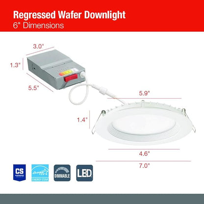 Juno LED Recessed Lights 6 Inch Round Wafer Downlight, 5-in-1 Switchable White Color Temperature, 120 Volts, 6-Inch Regressed Trim, Matte White (WF6 REG SWW5 90CRI MW M6)